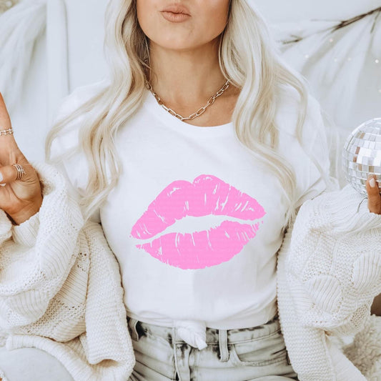 Neon Pink Kiss - White Graphic Tee