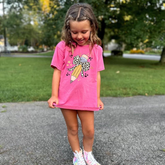 Comfort Colors - Leopard Bow & Pencil Hot Pink Kids Graphic Tee