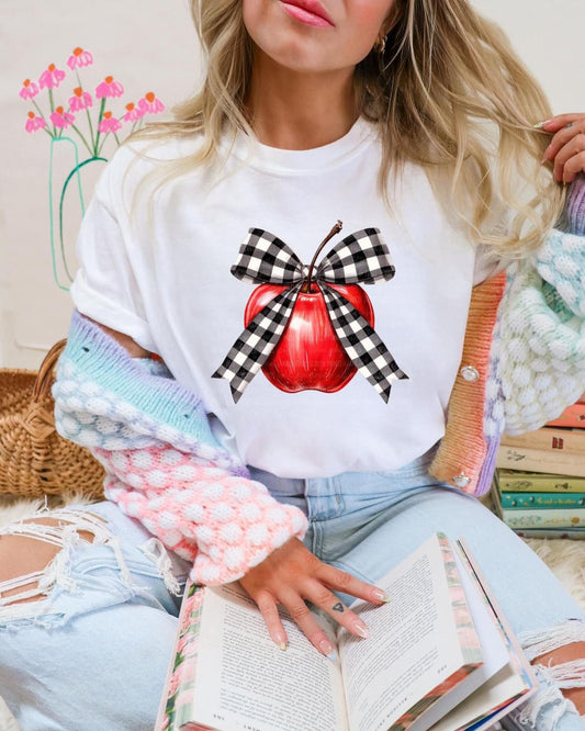 Checkered Bow & Apple White T-Shirt
